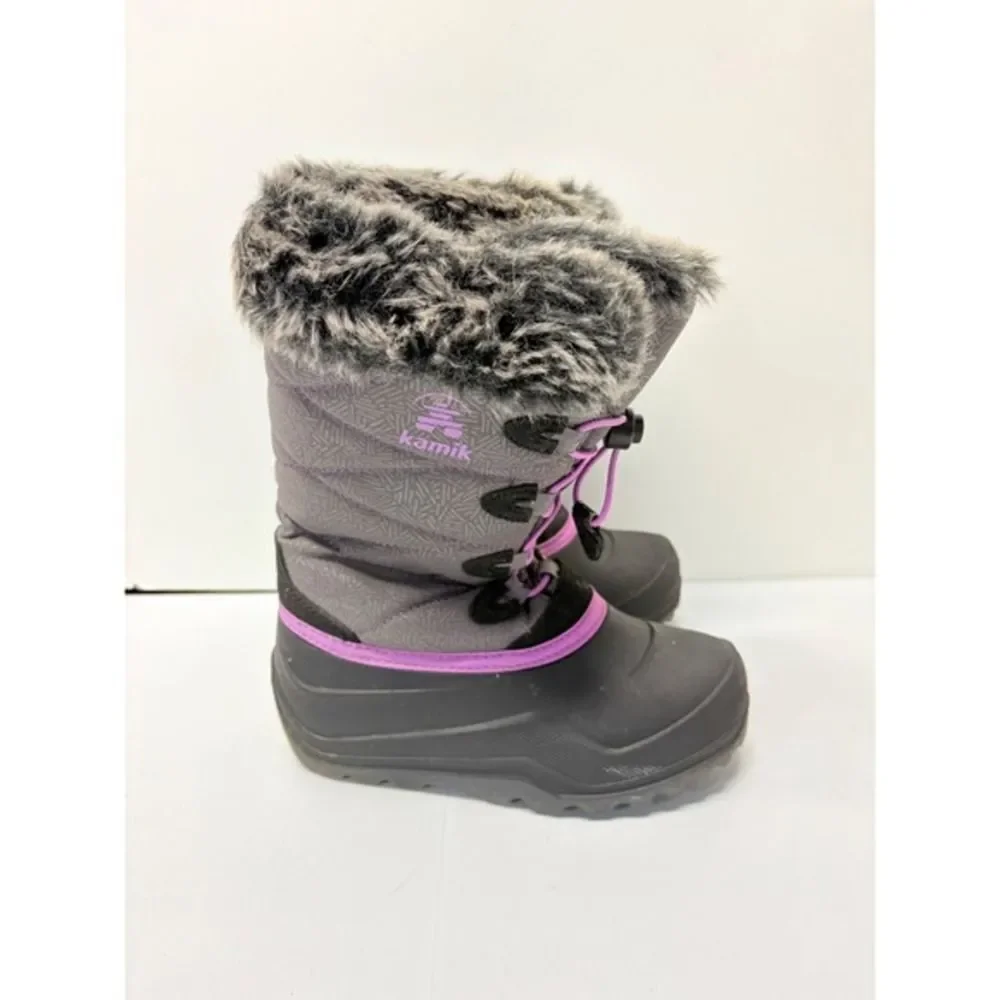 Kamik Winter Boots Kids Size 2 Gray Purple Faux Fur Trim Waterproof Quilted